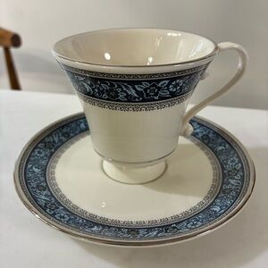 Pickard overture Elegant Blue and White Teacup and Saucer Set